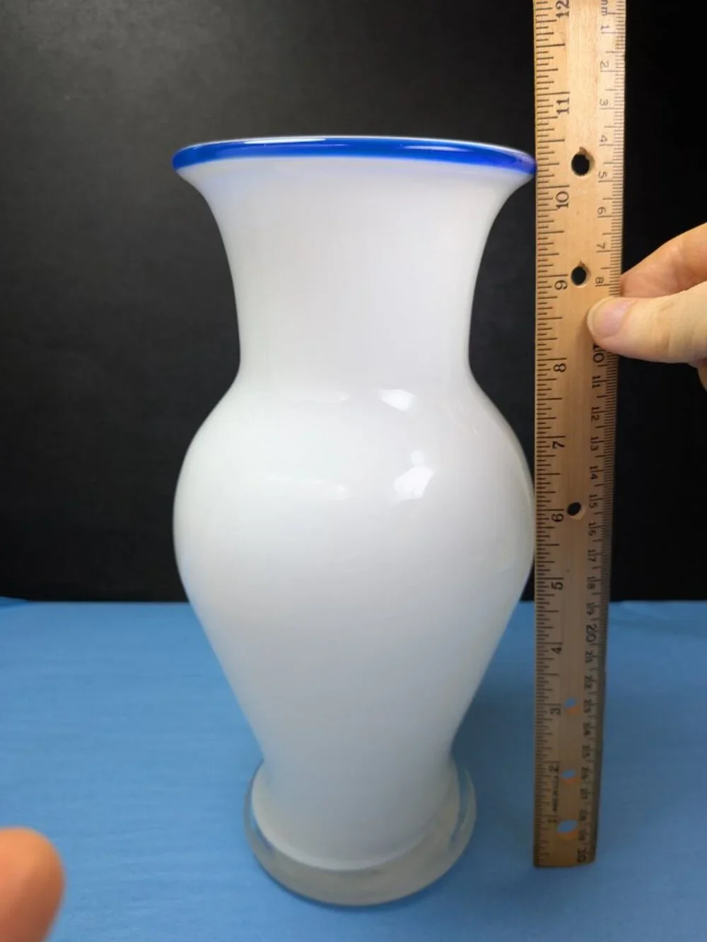Vintage Cased White Milk Glass Trumpet Vase Cobalt Blue Rim Floral Bead Bundle